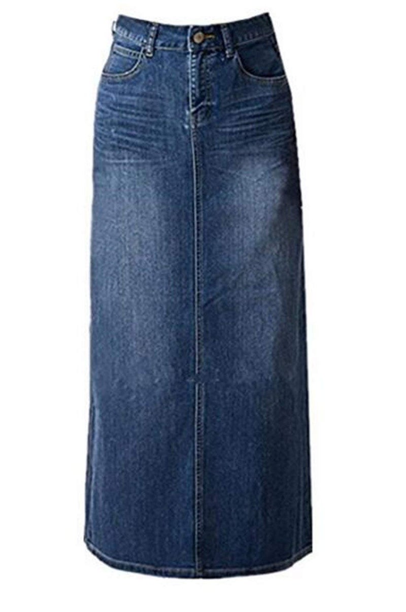 Skirt BL تنورة جينز ماكسي نسائية - تنورة جينز طويلة عالية الخصر على شكل حرف A للسيدات - تنورة جينز زرقاء, زرقاء, 10 - Image 1